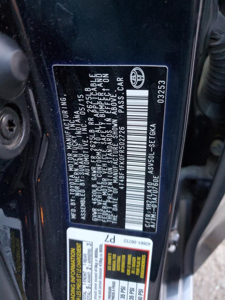 2015 Toyota Camry Le VIN: 4T4BF1FK0FR502726 Lot: 69798475
