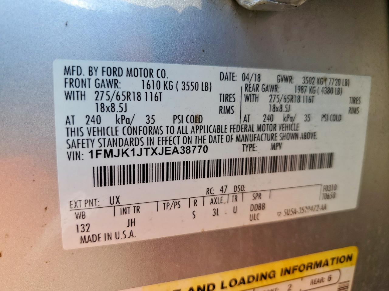 2018 Ford Expedition Max Xlt VIN: 1FMJK1JTXJEA38770 Lot: 70624225