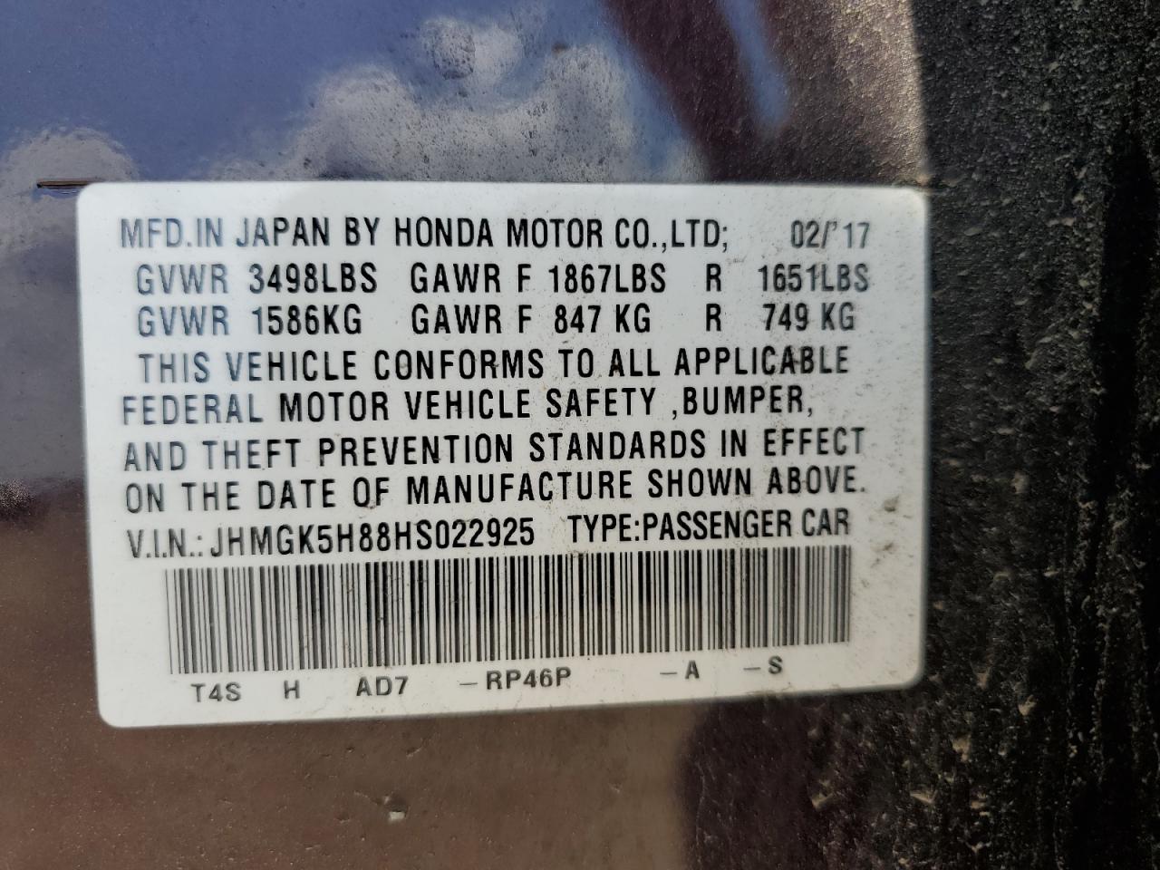 2017 Honda Fit Ex VIN: JHMGK5H88HS022925 Lot: 68675155
