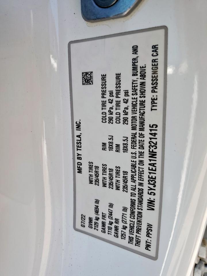 2022 Tesla Model 3 VIN: 5YJ3E1EA1NF321415 Lot: 70197575