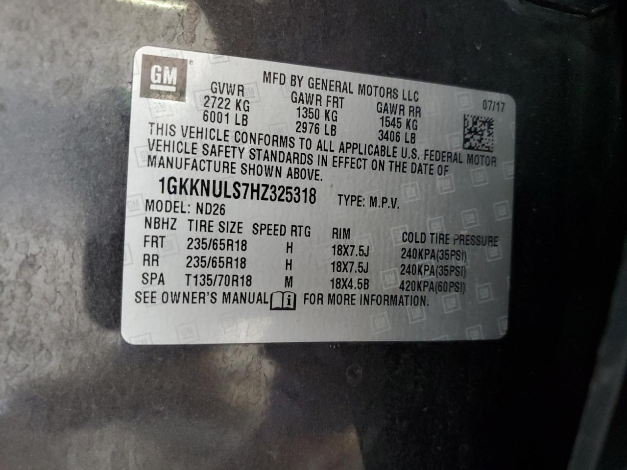 2017 GMC Acadia Slt-1 VIN: 1GKKNULS7HZ325318 Lot: 70654575