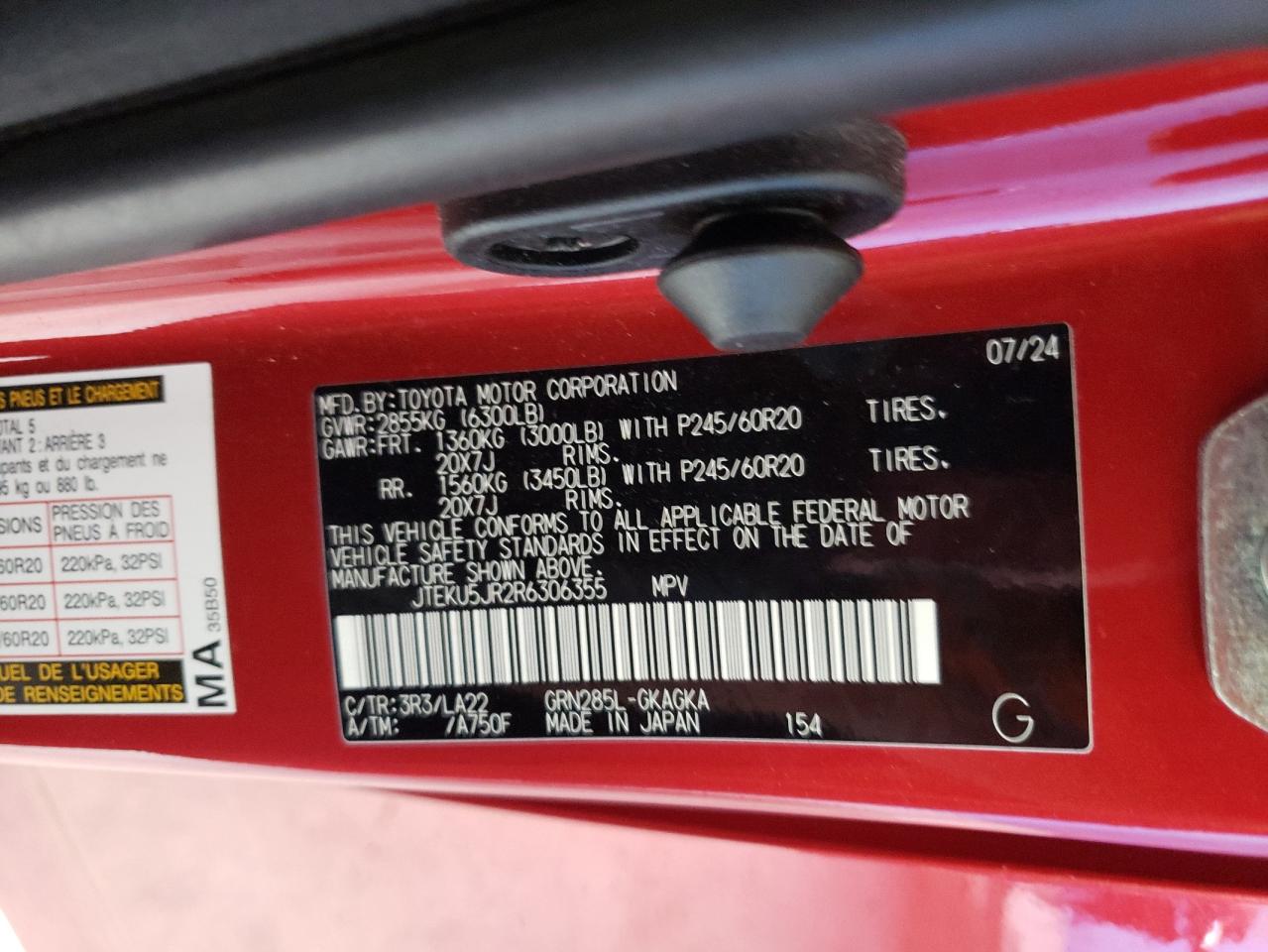 2024 Toyota 4Runner Limited VIN: JTEKU5JR2R6306355 Lot: 62726955