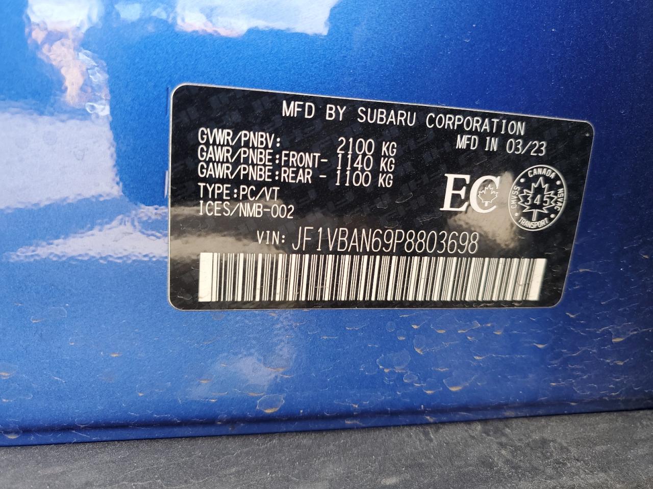 2023 Subaru Wrx Limited VIN: JF1VBAN69P8803698 Lot: 70358435