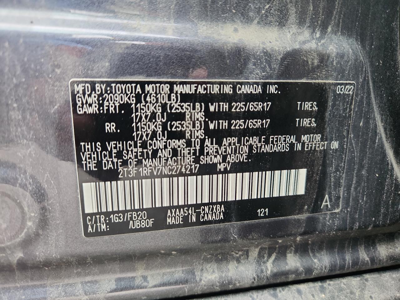 2022 Toyota Rav4 Le VIN: 2T3F1RFV7NC274217 Lot: 67349215