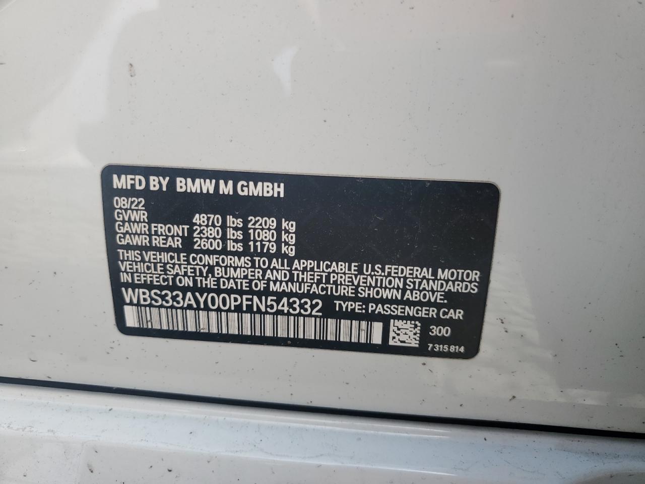 2023 BMW M3 Competition VIN: WBS33AY00PFN54332 Lot: 69035605