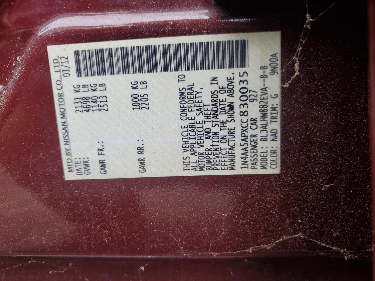 2012 Nissan Maxima S VIN: 1N4AA5APXCC830035 Lot: 67647715