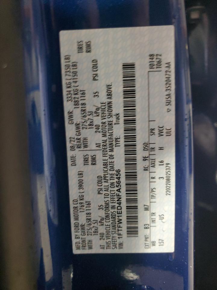 2022 Ford F150 Supercrew VIN: 1FTFW1ED4NFA56456 Lot: 67723165