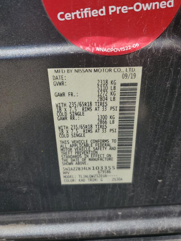 2020 Nissan Murano Sv VIN: 5N1AZ2BJ4LN103355 Lot: 70354515