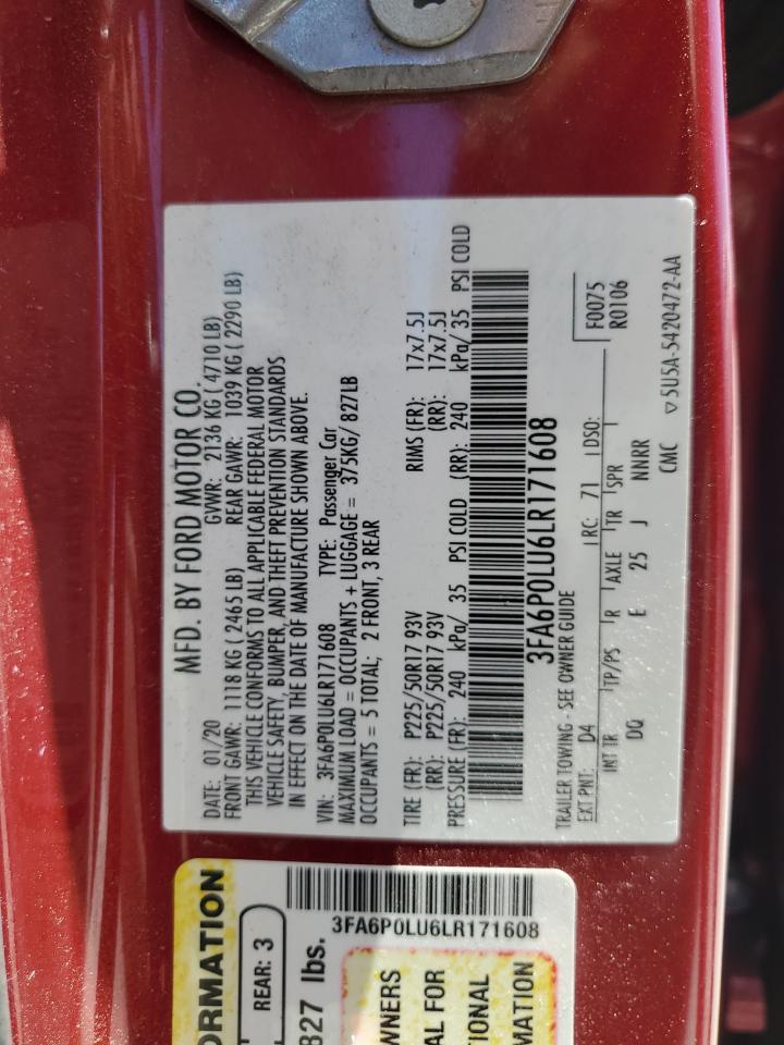 2020 Ford Fusion Se VIN: 3FA6P0LU6LR171608 Lot: 69587465