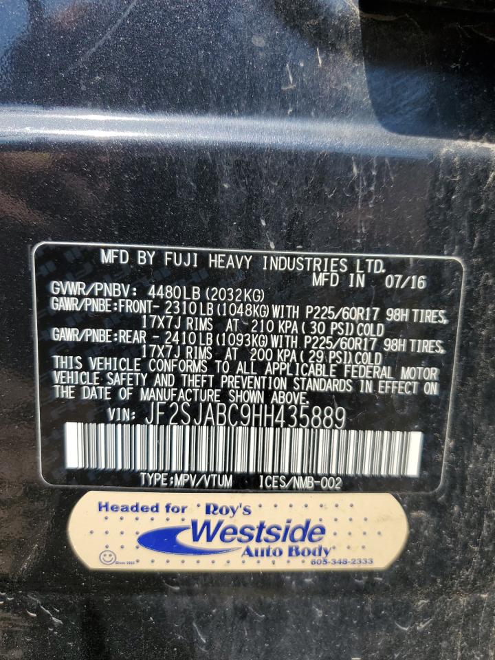 2017 Subaru Forester 2.5I VIN: JF2SJABC9HH435889 Lot: 69023485