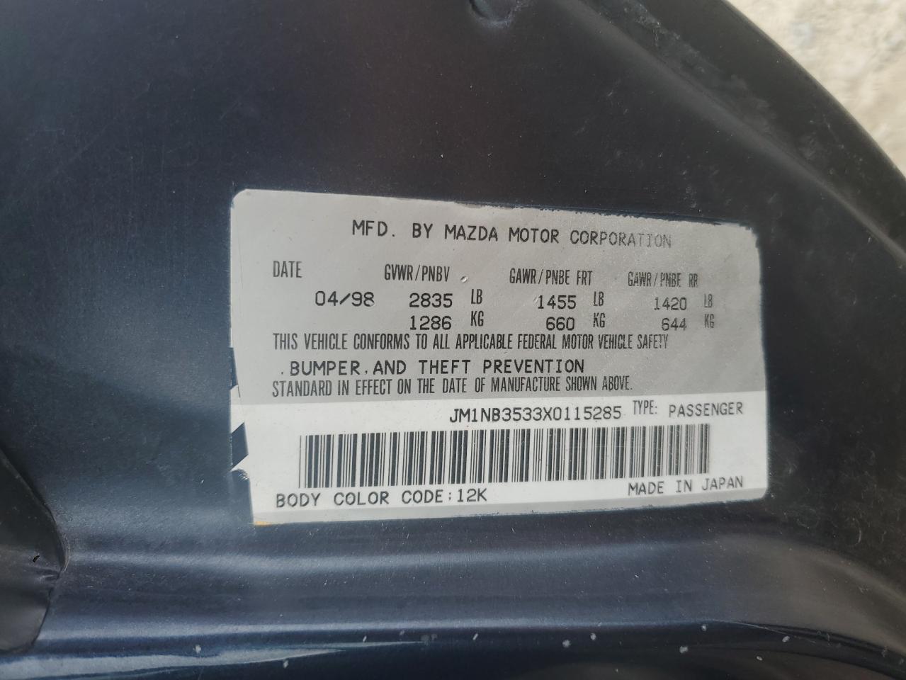 1999 Mazda Mx-5 Miata VIN: JM1NB3533X0115285 Lot: 68905385