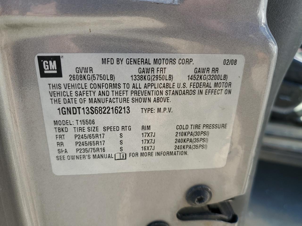 2008 Chevrolet Trailblazer Ls VIN: 1GNDT13S682216213 Lot: 70405745