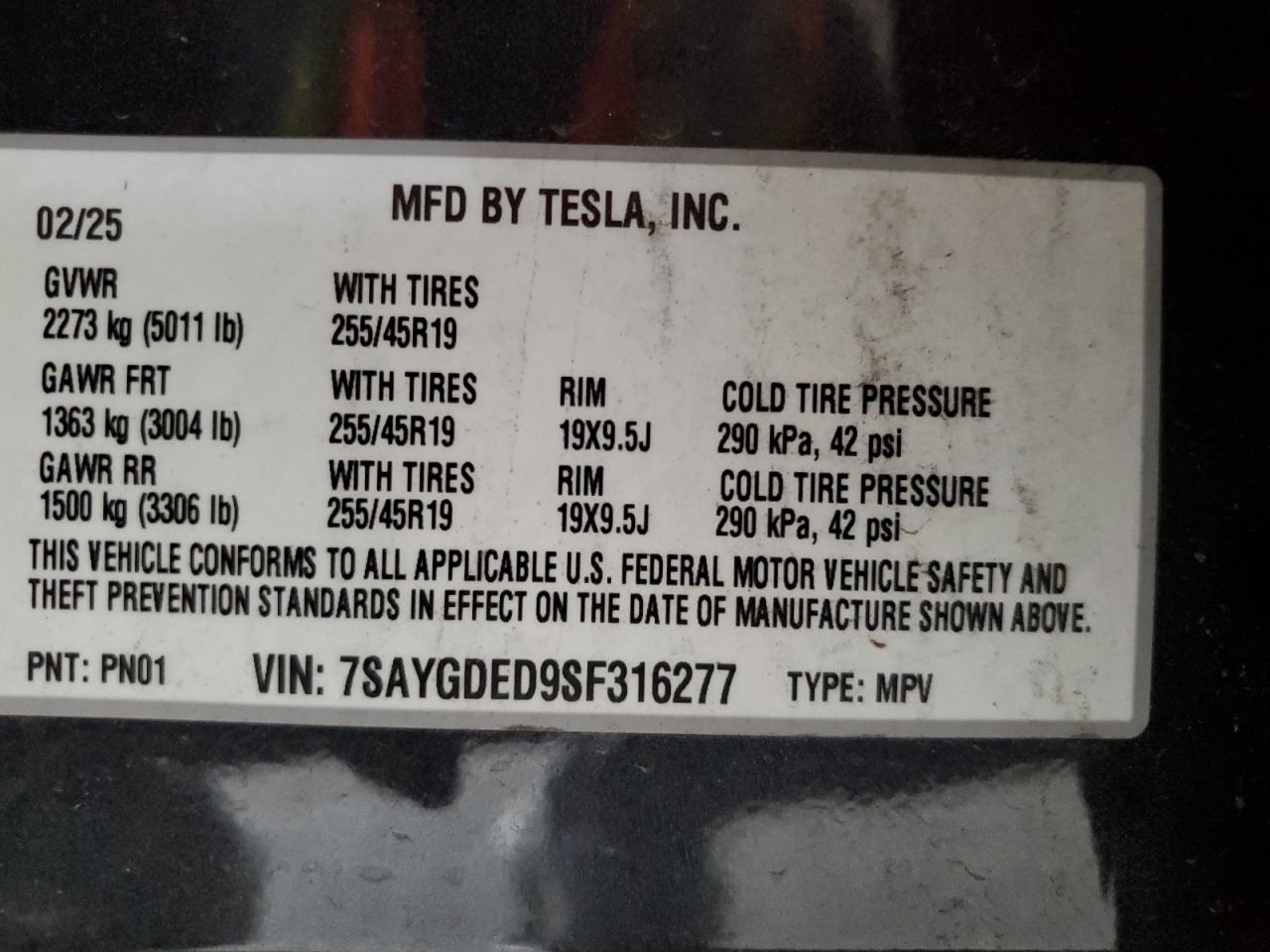 2025 Tesla Model Y VIN: 7SAYGDED9SF316277 Lot: 69259755