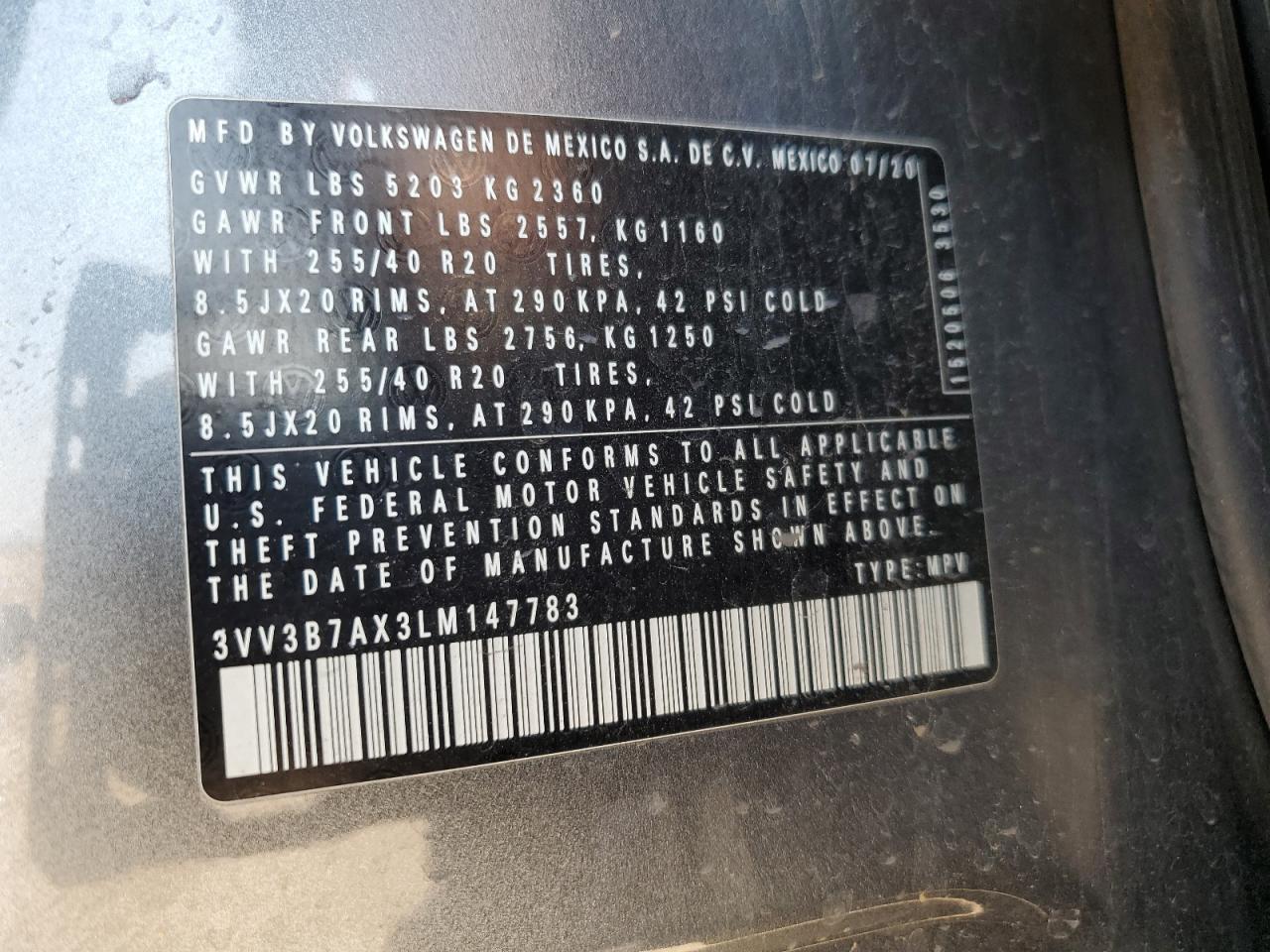 2020 Volkswagen Tiguan Se VIN: 3VV3B7AX3LM147783 Lot: 67631005