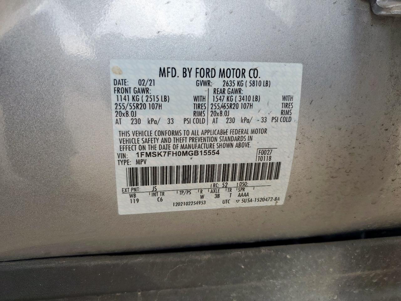 2021 Ford Explorer Limited VIN: 1FMSK7FH0MGB15554 Lot: 70575165