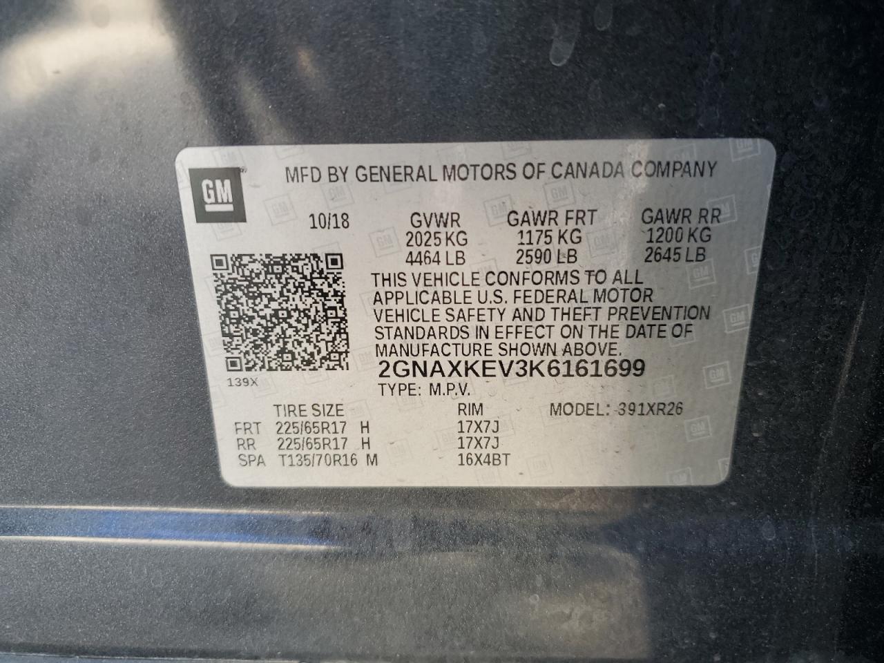 2019 Chevrolet Equinox Lt VIN: 2GNAXKEV3K6161699 Lot: 68110425