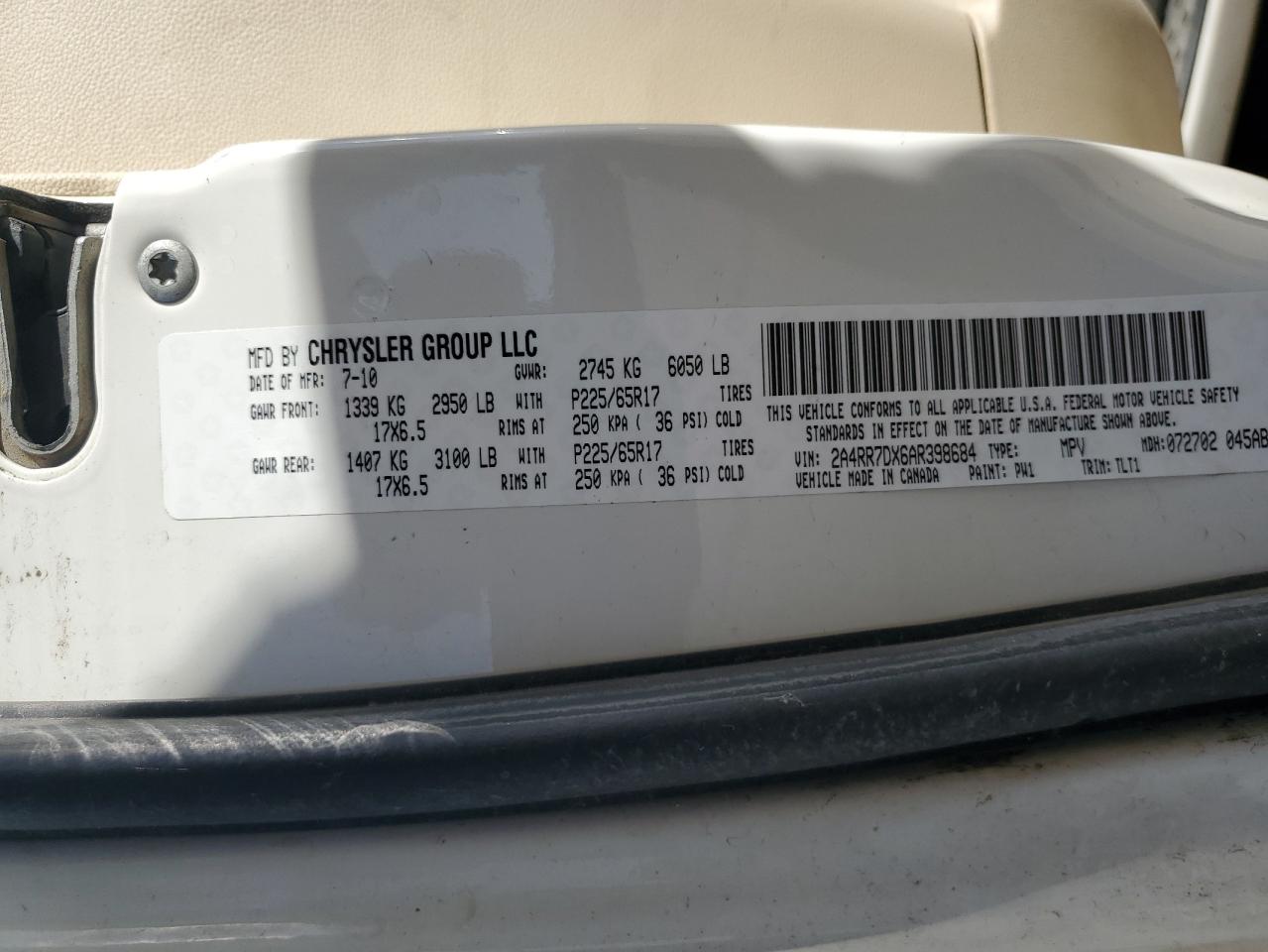 2010 Chrysler Town & Country Limited VIN: 2A4RR7DX6AR398684 Lot: 69692135