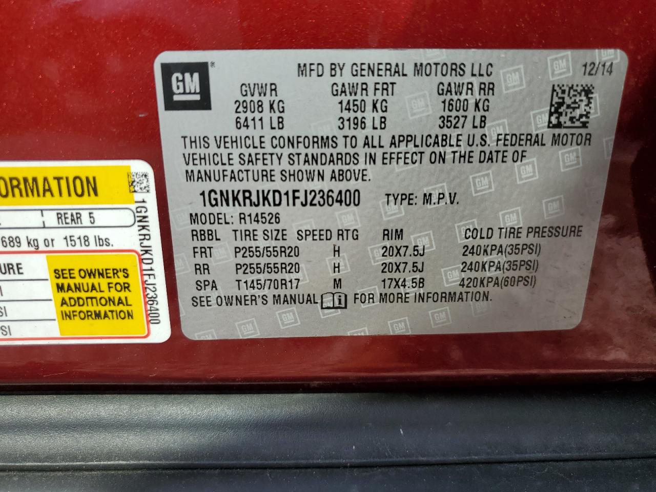 2015 Chevrolet Traverse Ltz VIN: 1GNKRJKD1FJ236400 Lot: 67175915