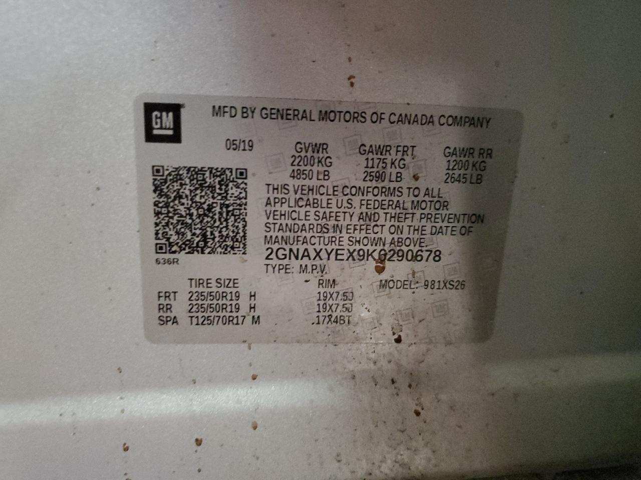 2019 Chevrolet Equinox Premier VIN: 2GNAXYEX9K6290678 Lot: 68079605