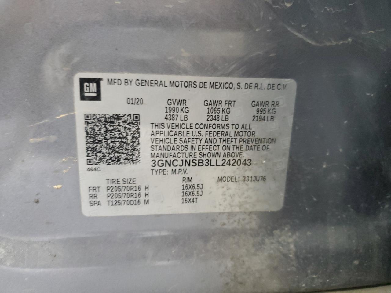 2020 Chevrolet Trax Ls VIN: 3GNCJNSB3LL242043 Lot: 68980225