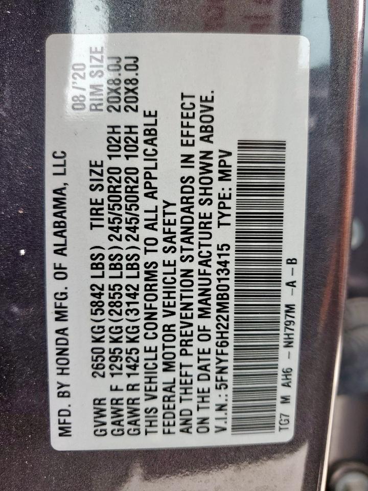 2021 Honda Pilot Se VIN: 5FNYF6H22MB013415 Lot: 68364235