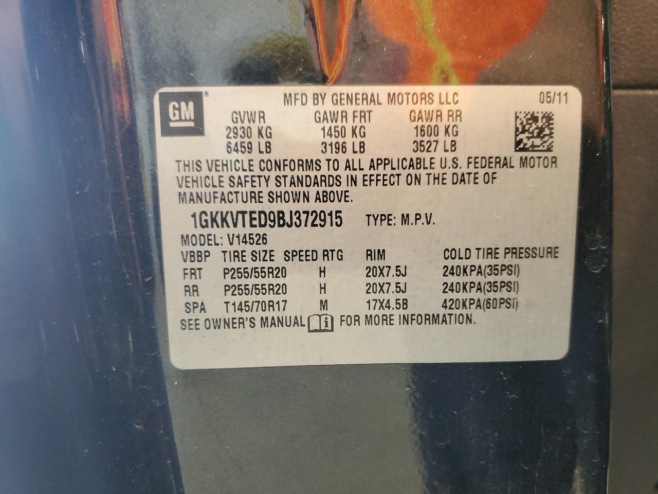 2011 GMC Acadia Denali VIN: 1GKKVTED9BJ372915 Lot: 67934025