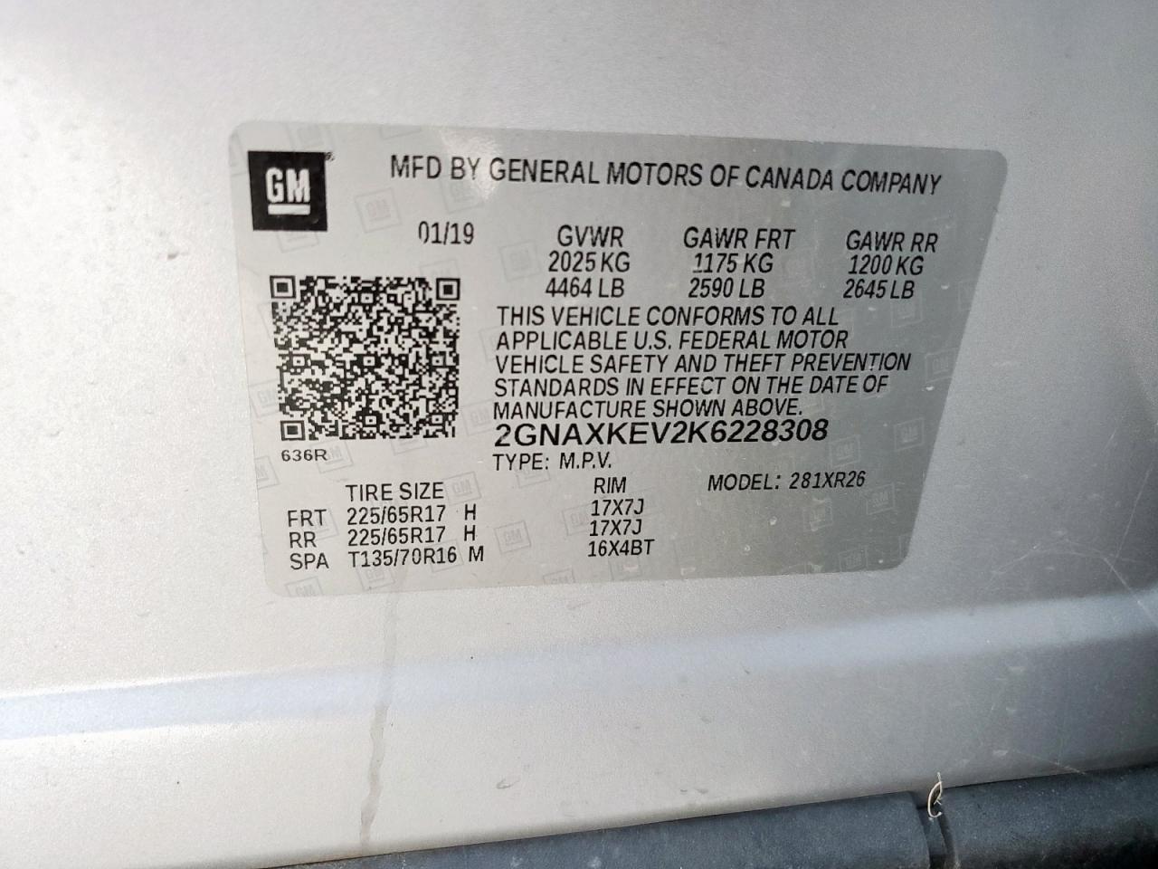 2019 Chevrolet Equinox Lt VIN: 2GNAXKEV2K6228308 Lot: 69821695