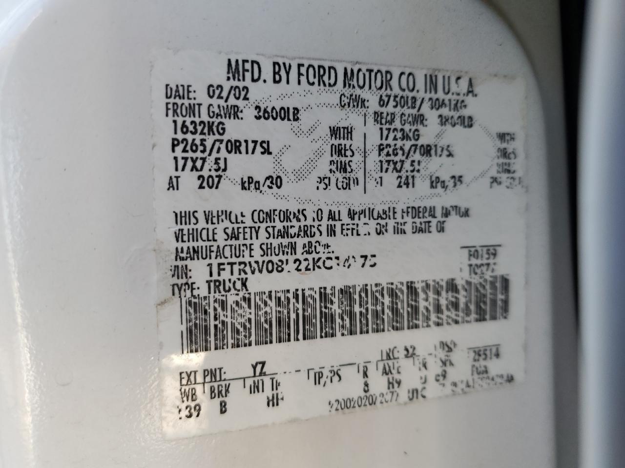 2002 Ford F150 Supercrew VIN: 1FTRW08L22KC14175 Lot: 70637895
