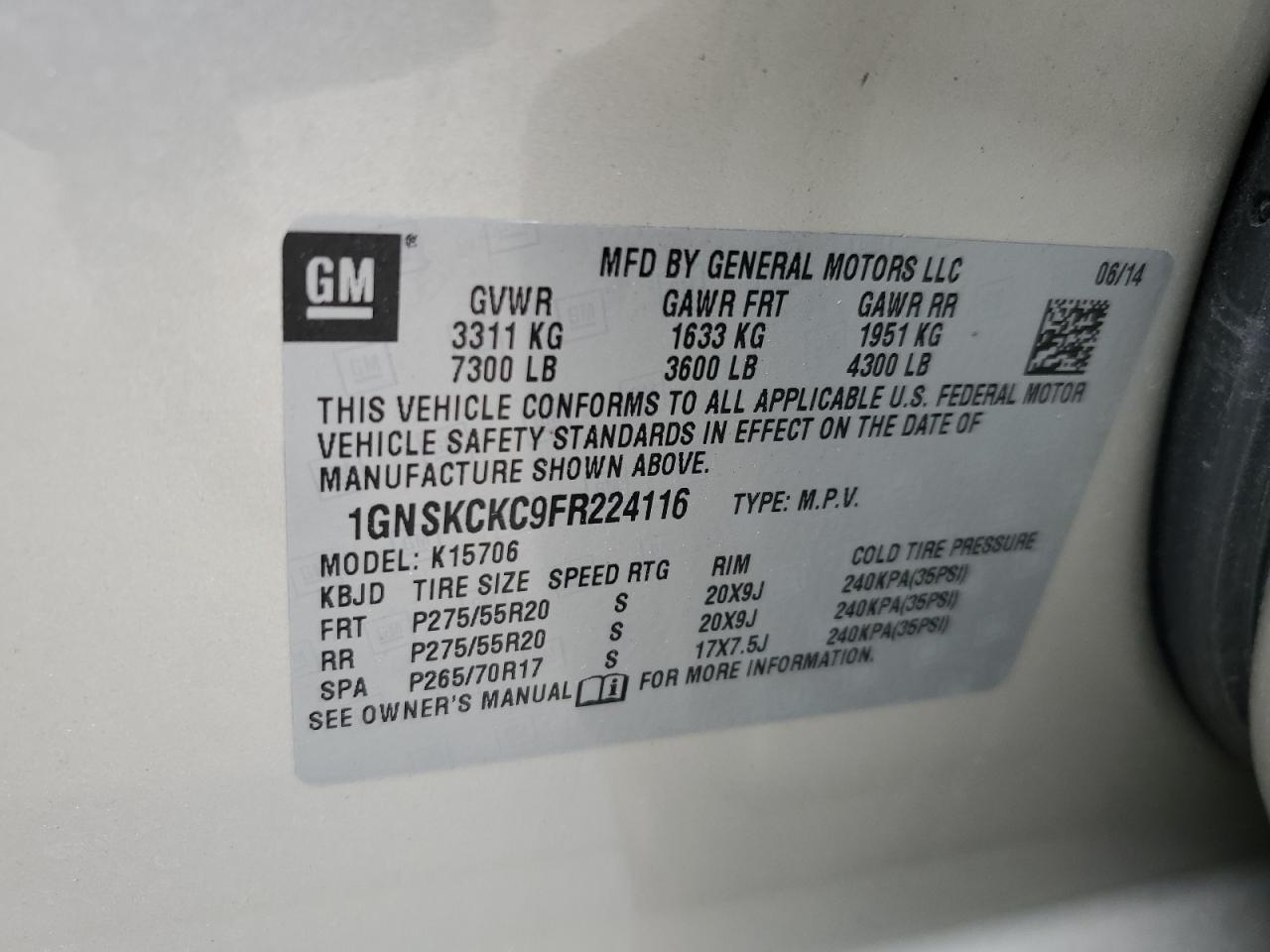 2015 Chevrolet Tahoe K1500 Ltz VIN: 1GNSKCKC9FR224116 Lot: 68787445