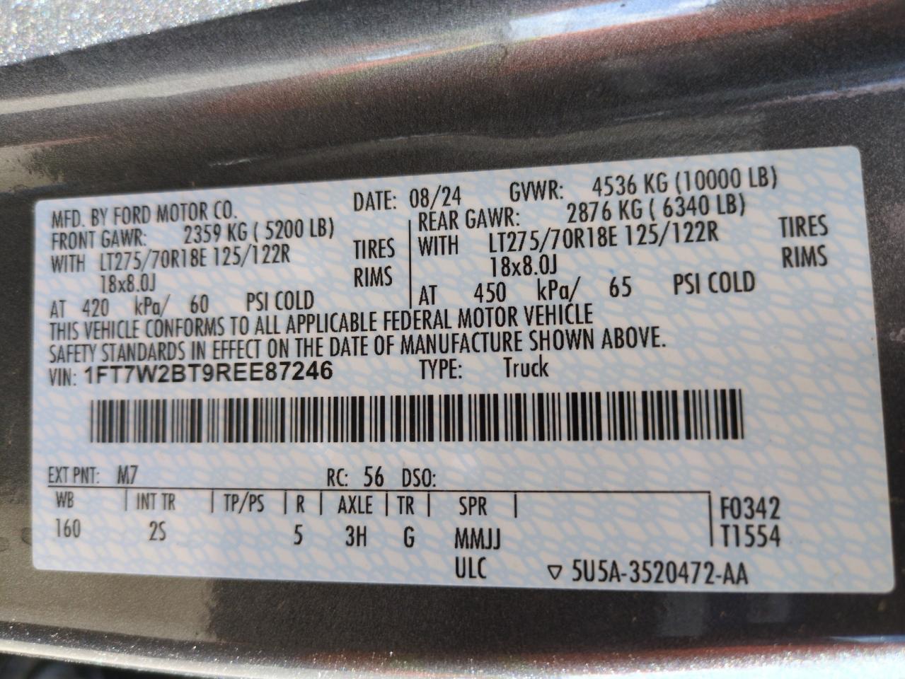 2024 Ford F250 Super Duty VIN: 1FT7W2BT9REE87246 Lot: 65382355