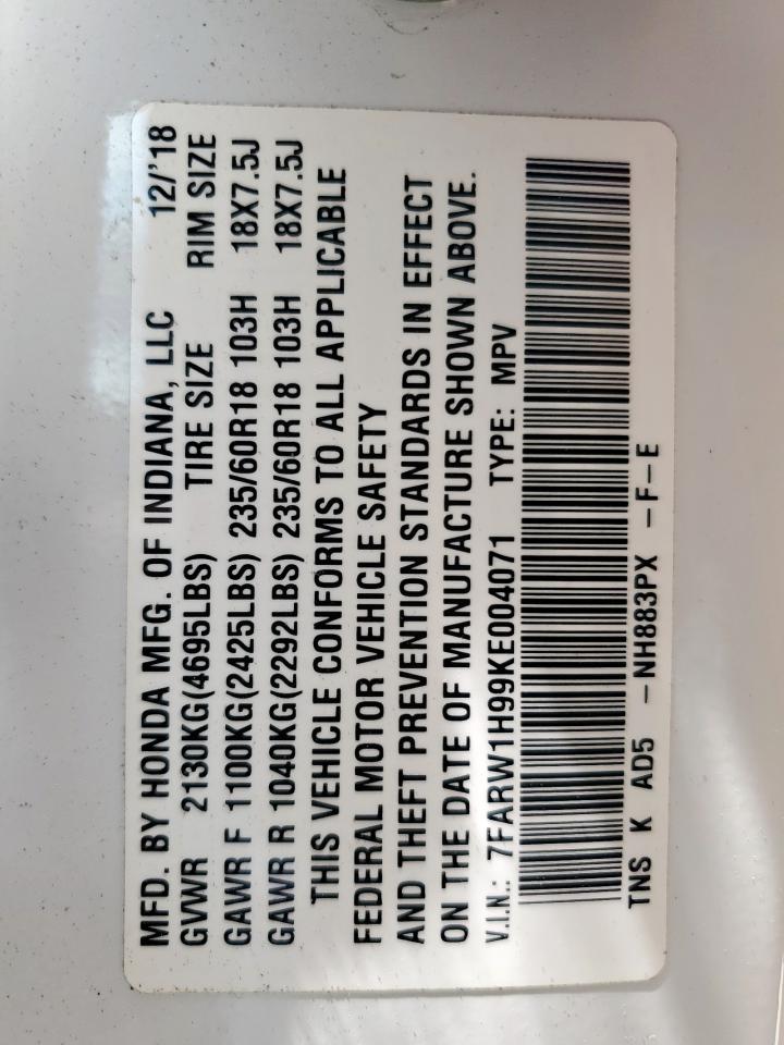 2019 Honda Cr-V Touring VIN: 7FARW1H99KE004071 Lot: 70548965