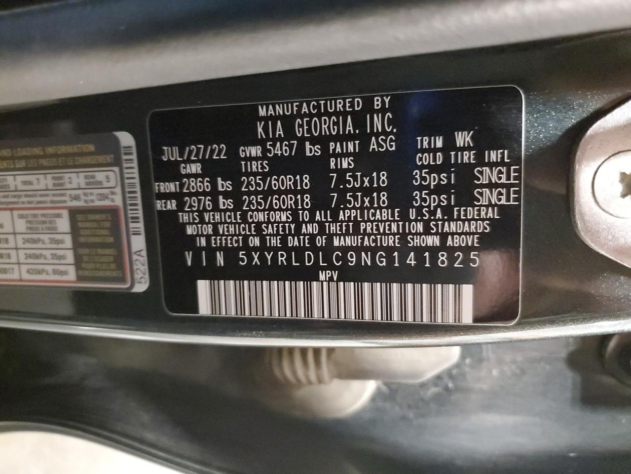 2022 Kia Sorento S VIN: 5XYRLDLC9NG141825 Lot: 70943055