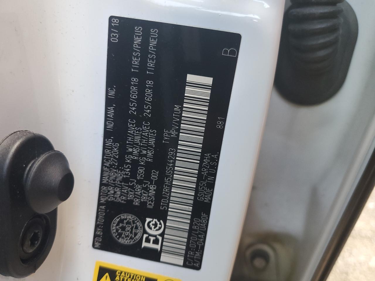 2018 Toyota Highlander Se VIN: 5TDJZRFH5JS544293 Lot: 68011645