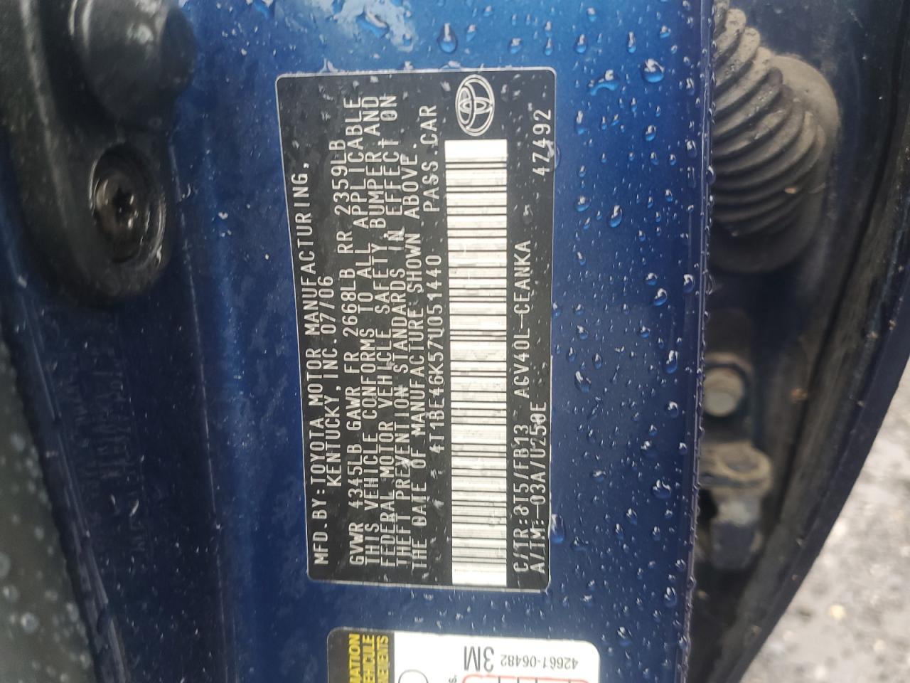 2007 Toyota Camry Ce VIN: 4T1BE46K57U051440 Lot: 69786115