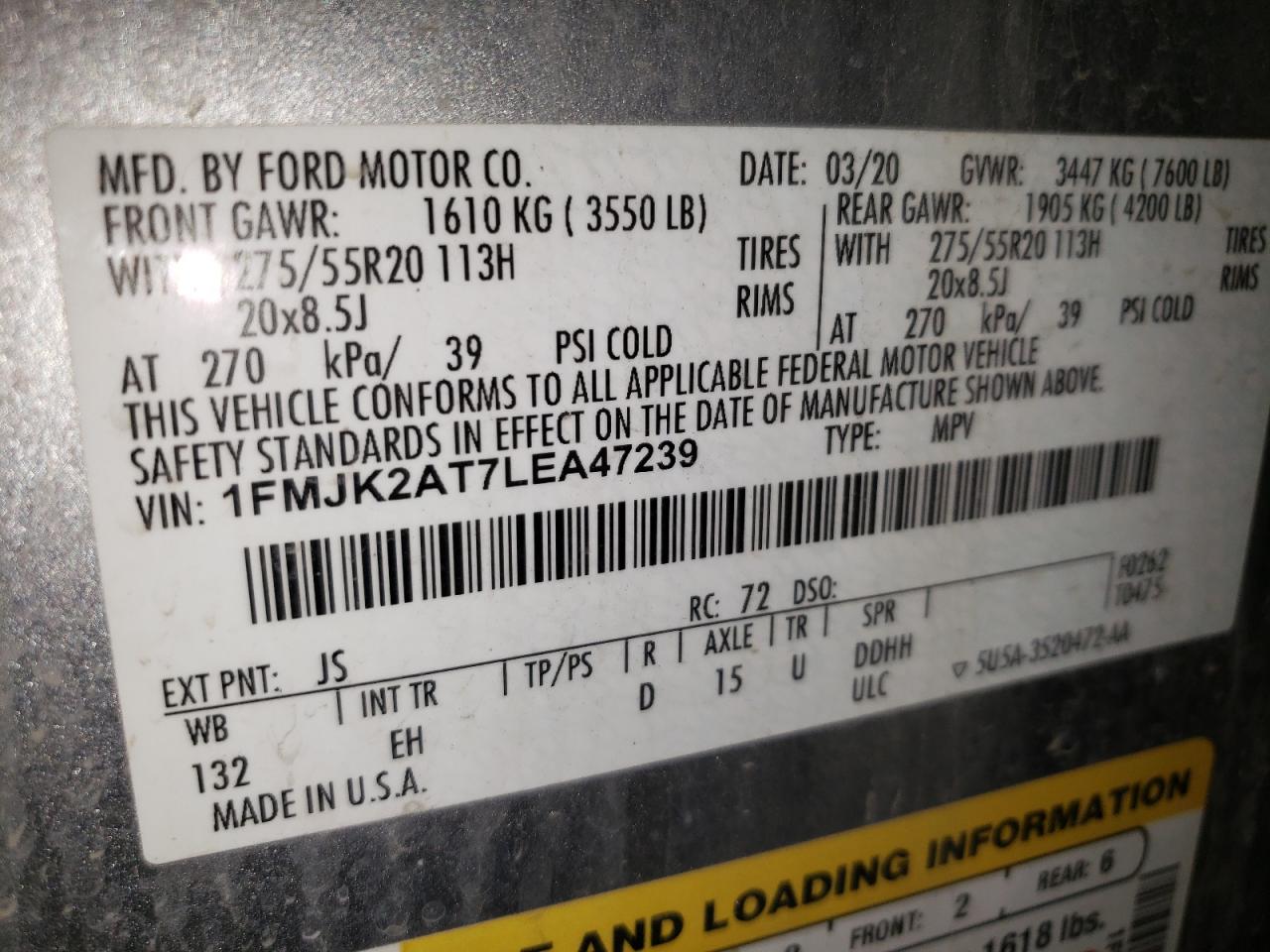 2020 Ford Expedition Max Limited VIN: 1FMJK2AT7LEA47239 Lot: 70595055