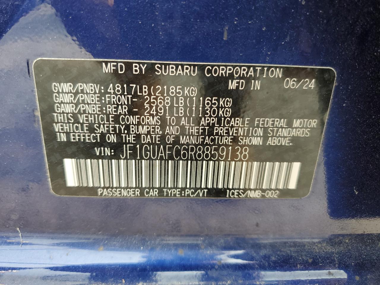 2024 Subaru Impreza Sport VIN: JF1GUAFC6R8859138 Lot: 66193305