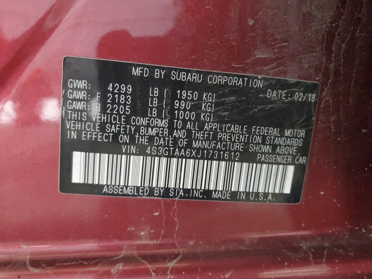 2018 Subaru Impreza VIN: 4S3GTAA6XJ1731612 Lot: 67791775