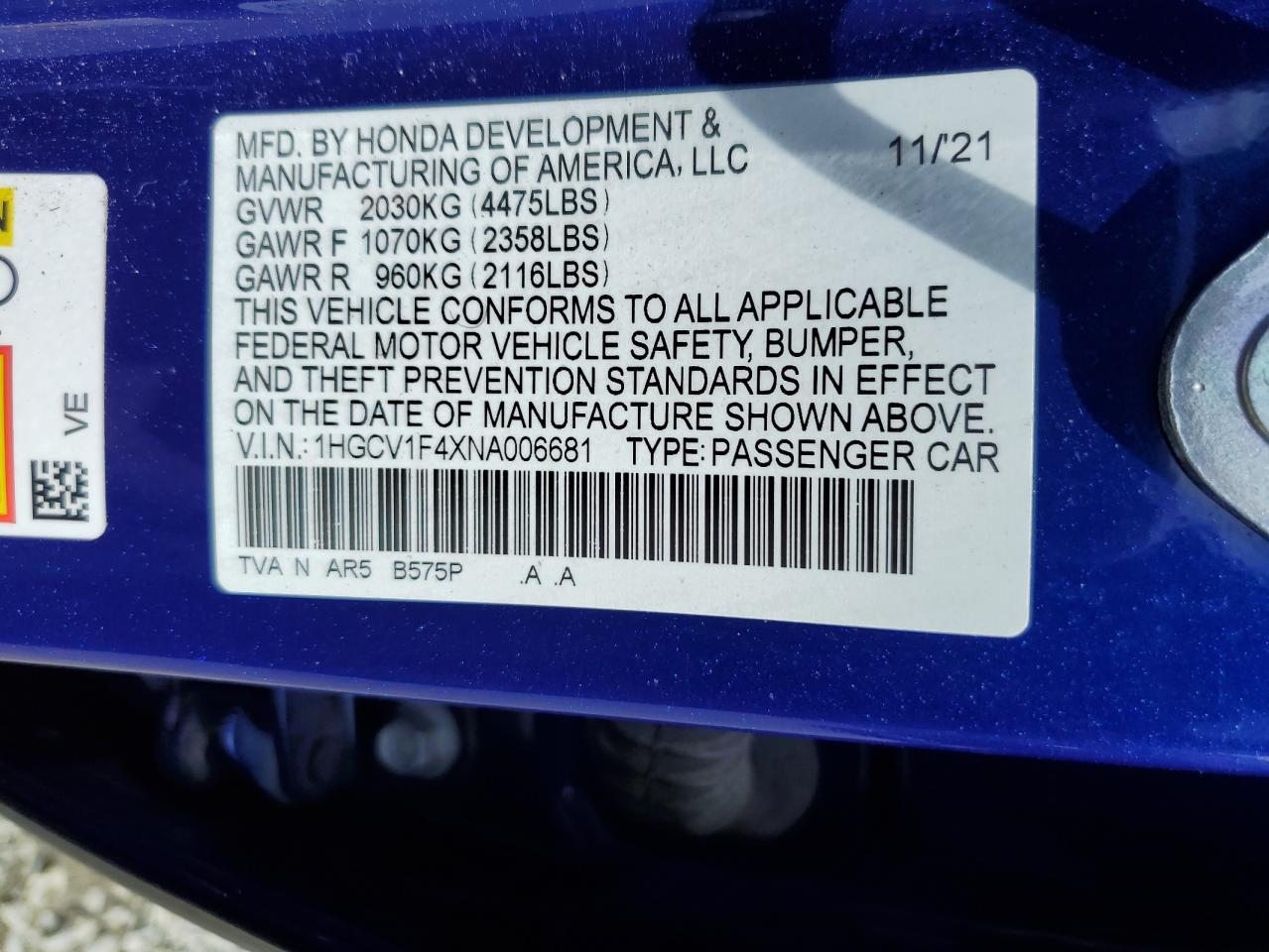 2022 Honda Accord Sport Se VIN: 1HGCV1F4XNA006681 Lot: 68706485