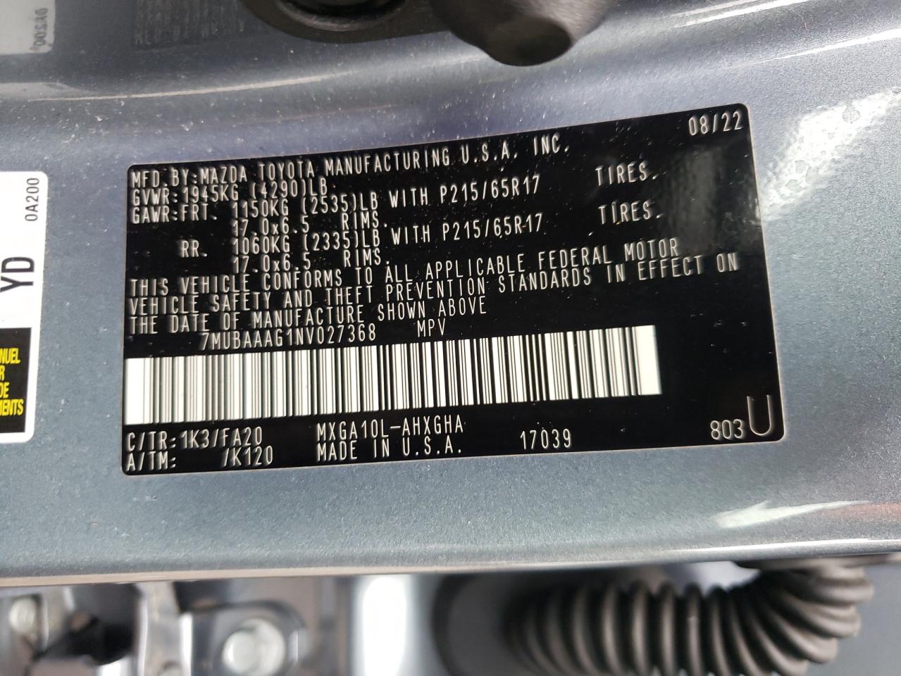 2022 Toyota Corolla Cross Le VIN: 7MUBAAAG1NV027368 Lot: 67412275