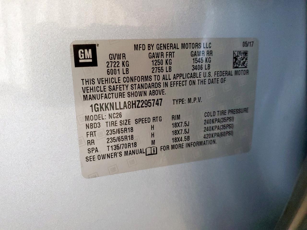 2017 GMC Acadia Sle VIN: 1GKKNLLA8HZ295747 Lot: 69043085