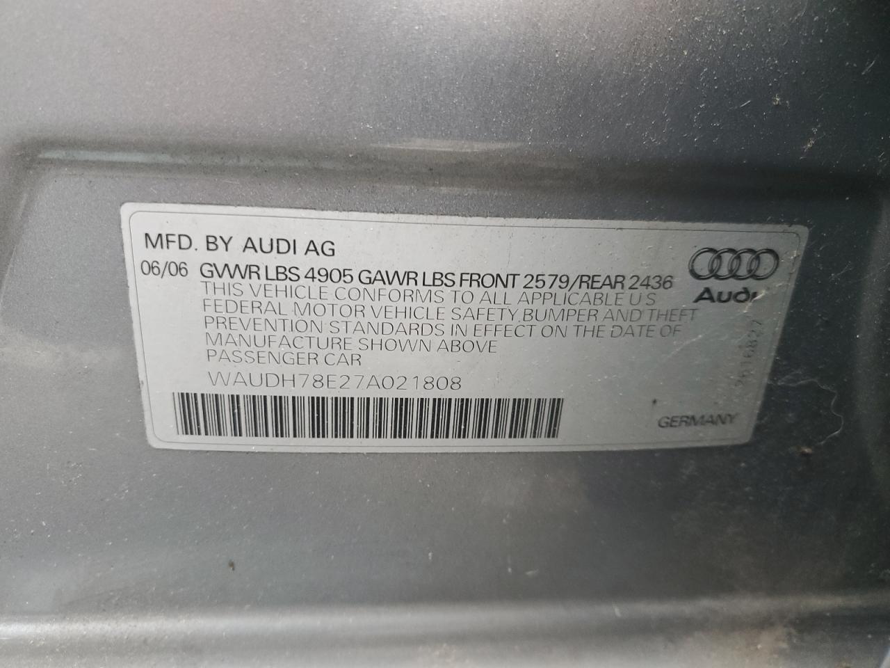 2007 Audi A4 3.2 Quattro VIN: WAUDH78E27A021808 Lot: 68977915
