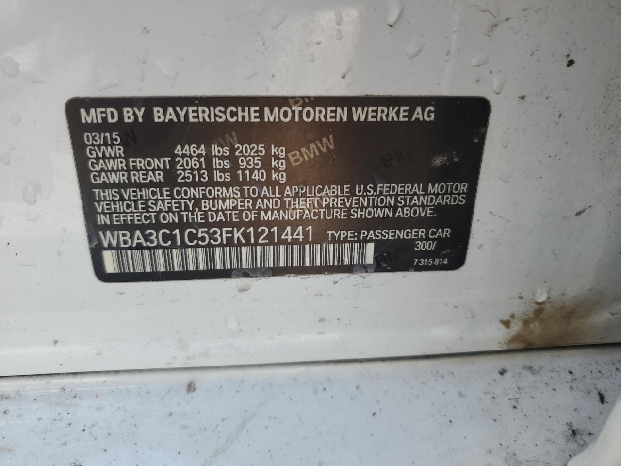 2015 BMW 328 I Sulev VIN: WBA3C1C53FK121441 Lot: 69435125
