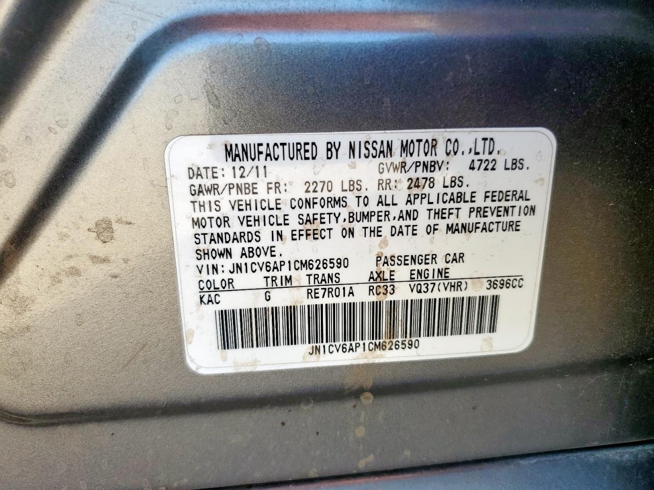 2012 Infiniti G37 Base VIN: JN1CV6AP1CM626590 Lot: 70936265
