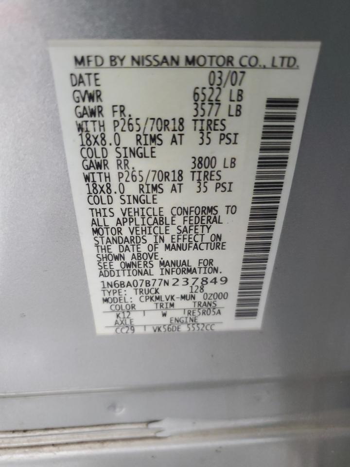 2007 Nissan Titan Xe VIN: 1N6BA07B77N237849 Lot: 69668965