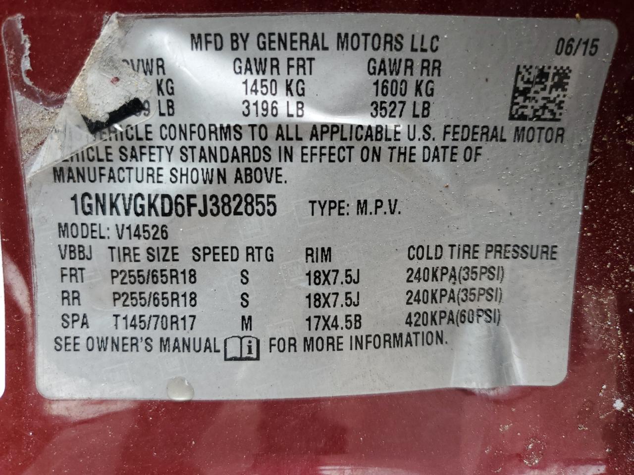 2015 Chevrolet Traverse Lt VIN: 1GNKVGKD6FJ382855 Lot: 69286295