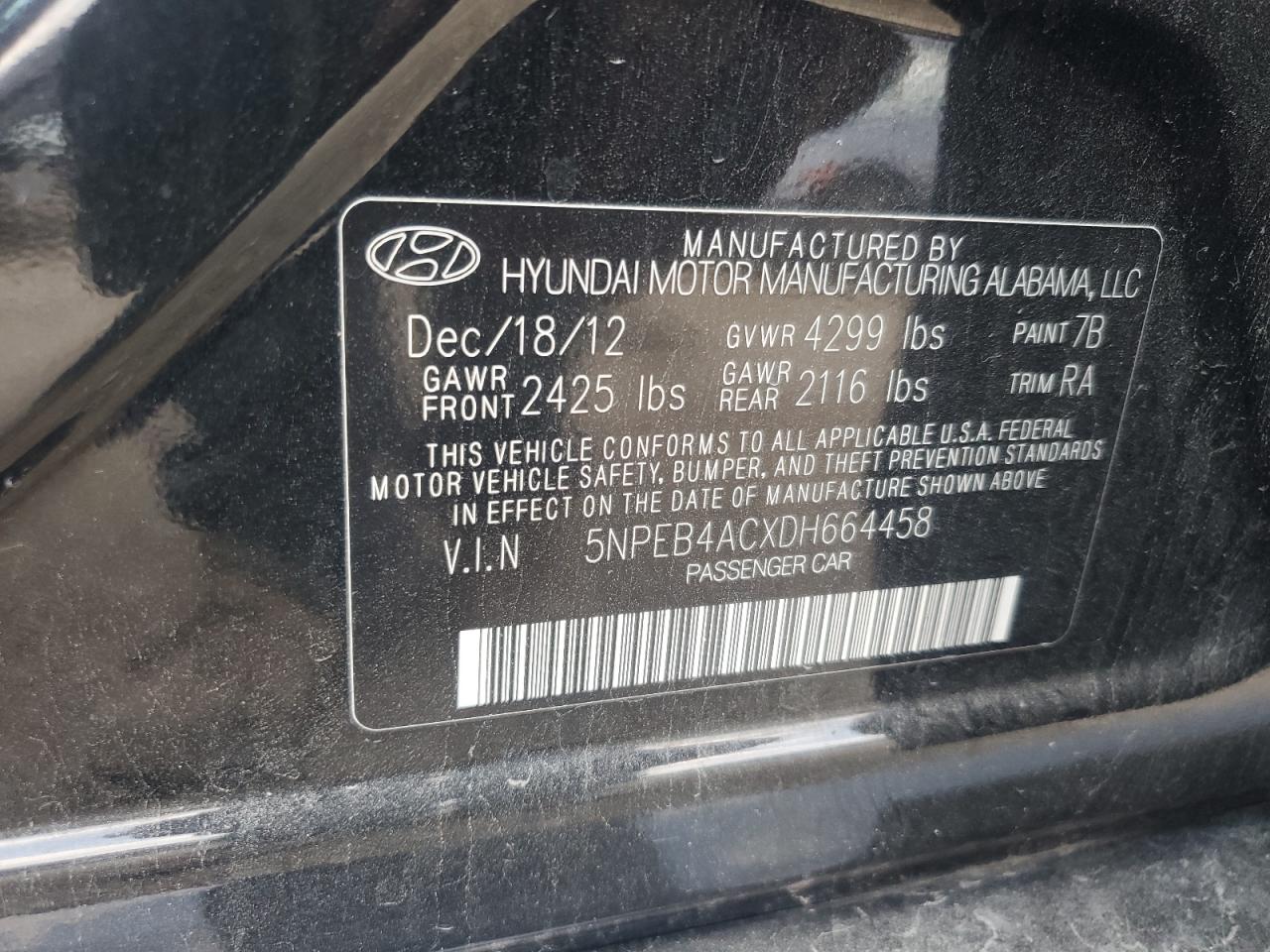 2013 Hyundai Sonata Gls VIN: 5NPEB4ACXDH664458 Lot: 67629995