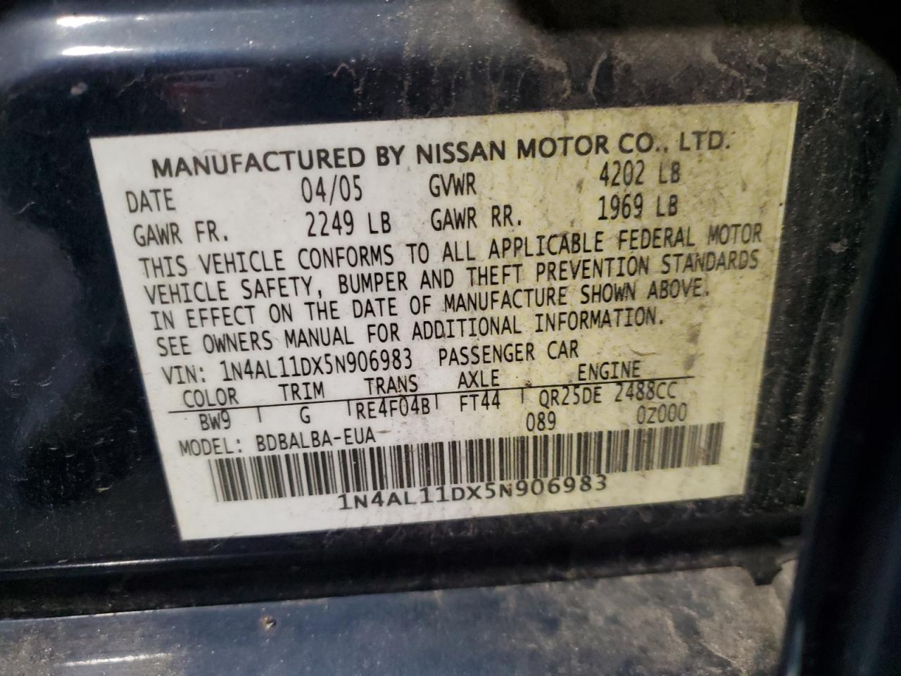 2005 Nissan Altima S VIN: 1N4AL11DX5N906983 Lot: 69089995