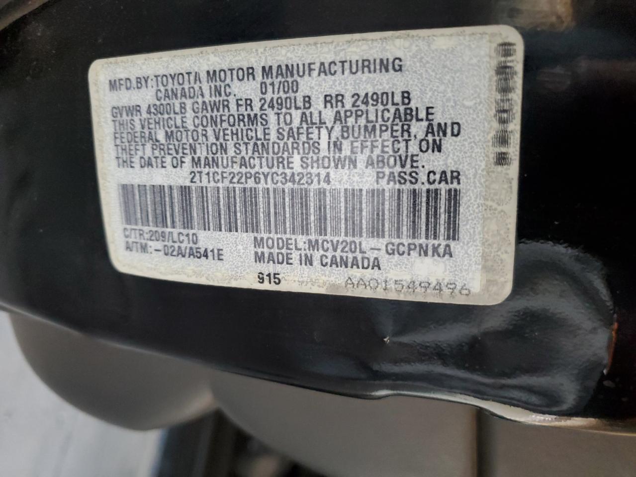 2000 Toyota Camry Solara Se VIN: 2T1CF22P6YC342314 Lot: 68055535