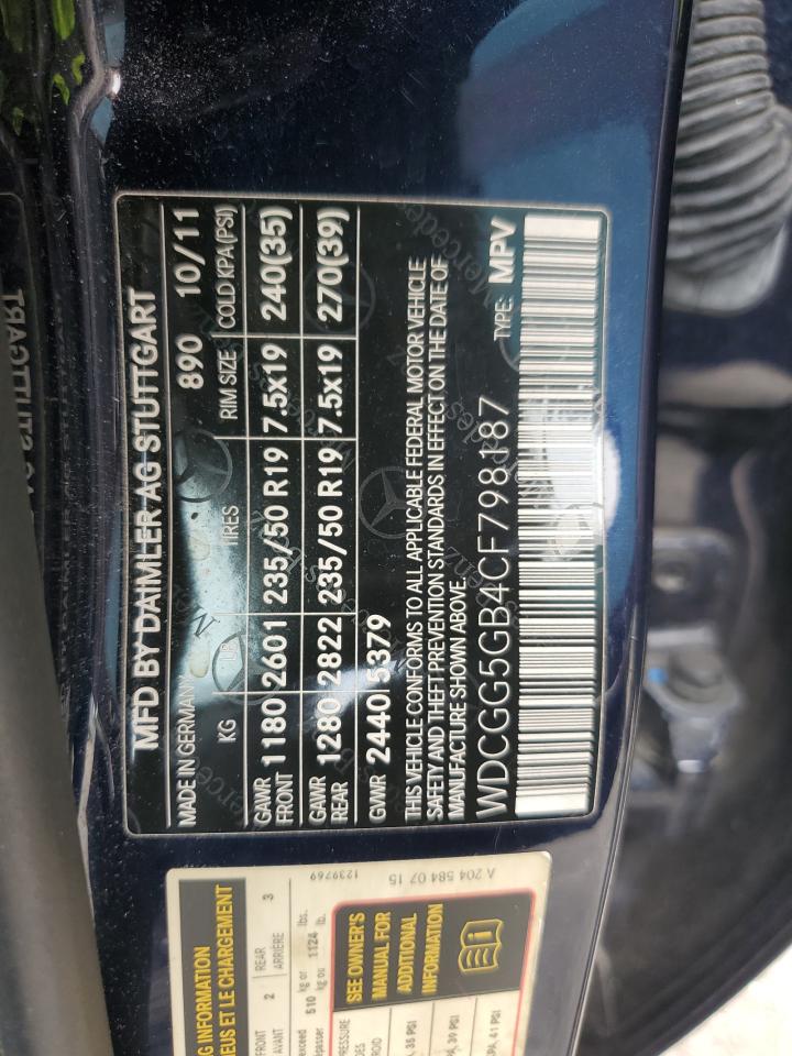 2012 Mercedes-Benz Glk 350 VIN: WDCGG5GB4CF798187 Lot: 70625805