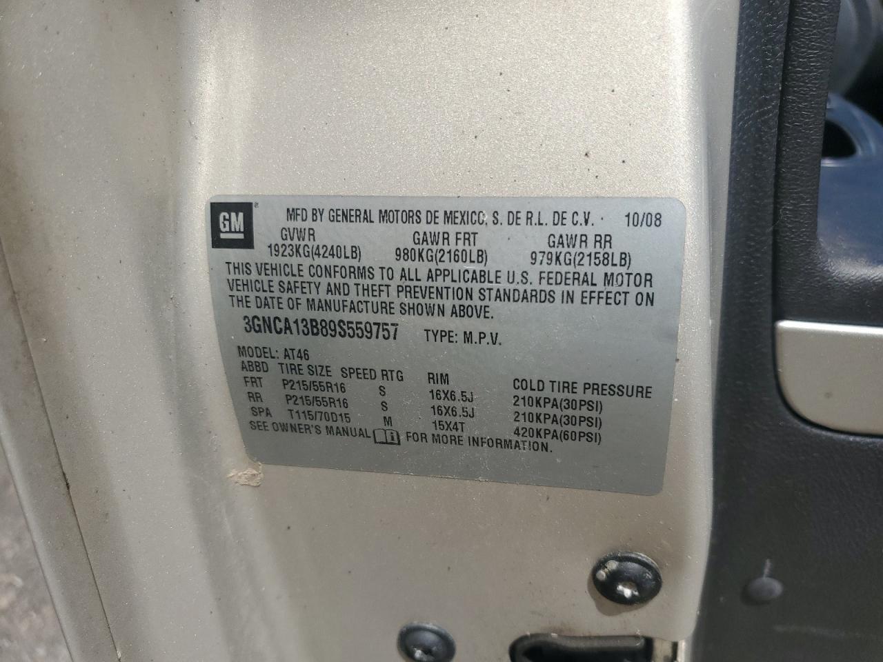 3GNCA13B89S559757 2009 Chevrolet Hhr Ls